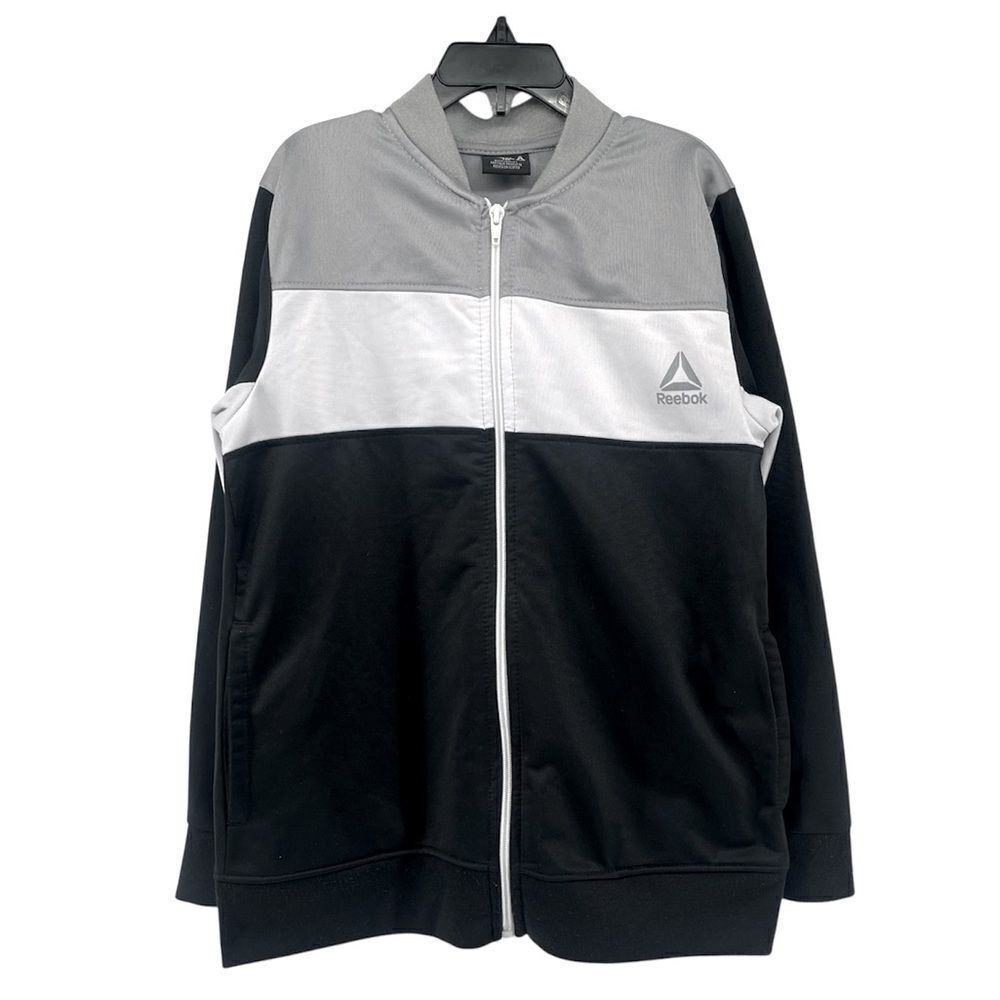 Reebok Boy’s Black Gray White Colorblock Full Zip Track Jacket Size 10